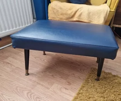 Vintage Rectangular Footstool Cushioned Blue Leather Top Dansette Legs • £45