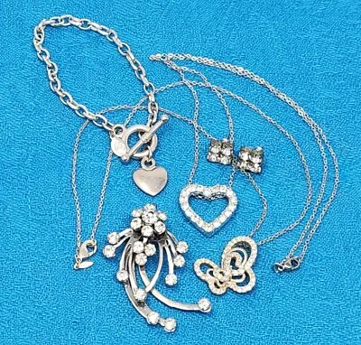 Silver Tone Clear Rhinestone Mixed Lot Vintage Jewelry 5 Pcs Heart Butterfly • $15.99