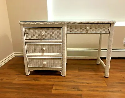 $325 • Buy Henry Link White Wicker Desk With A Fitted Glass Top Insert 1960's