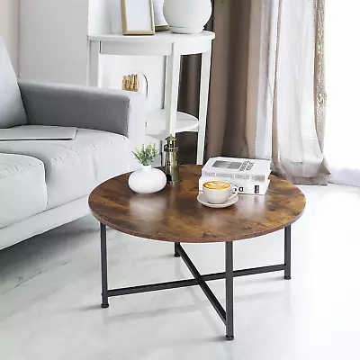 Industrial Round Coffee Table X-Base Metal Home Decor Living Room Rustic Brown  • $65.37