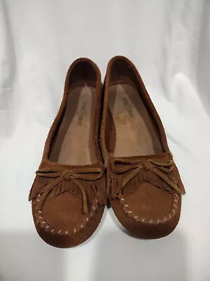 Minnetonka Women's Brown Fringe Suede Leather Moccasin Shoes Sz 8-Casual Western • £24.28