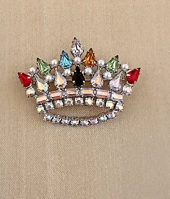 Vintage SIGNED B David Crown Brooch Pin AB & Multi-color Rhinestones Faux Pearl • $29.95