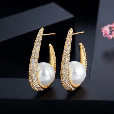 Chic Micro Pave U Shape 18k Gold Big Round Pearl Hoop Earrings For Women Brides • $10.44