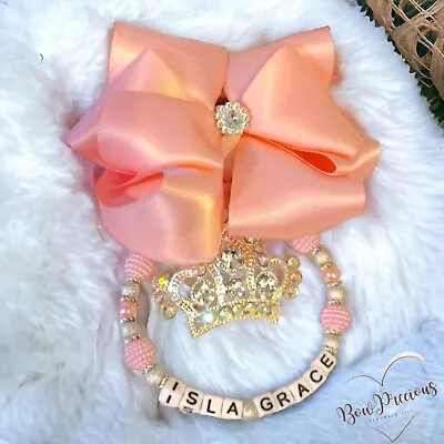 Personalised Stunning Pink Bow Romany Bling Crown Pram Charm Clip Baby Girl Gift • £11.99