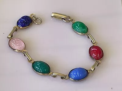 Vintage Multi-Stone Link Scarab Bracelet Chunky Goldtone Unsigned  • $9.99