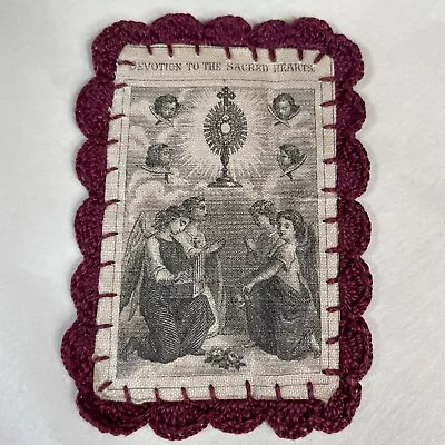 VINTAGE OLD Devotion To The SACRED HEART SCAPULAR Prayer Cloth Crochet 3x2” • $24.99