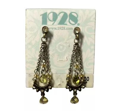 1928 Vintage Green Brass Look Chandelier Green Crystal Earrings NEW • $14.95