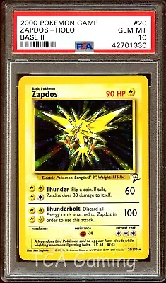$56 • Buy PSA 10 GEM MINT Zapdos 20/130 HOLO RARE Base Set 2 Pokemon Card CS9-330