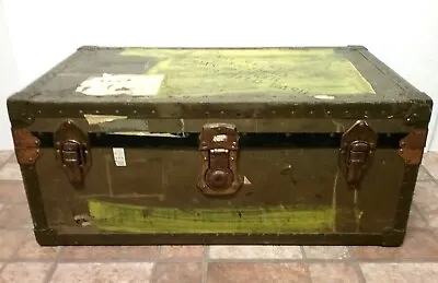 Vintage 1932 US Army Military Foot Locker  Metal Storage Trunk Green • $370