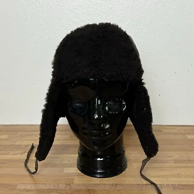 Vintage 50s North King Lamb Leather Aviator Shearling Trapper Hat Union Made • $59.99