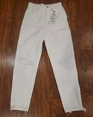 ZARA White High RISE Mom Fit Jeans Ankle Rigid Size 34 (US 2) NEW NWT Distressed • £24.11