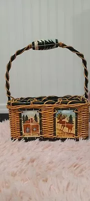 Moose Cabin Lodge Décor Decoration Basket Tile Tiles Handpainted Handles Wicker • $25