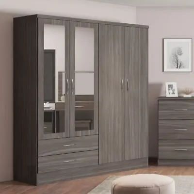 Nevada 4 Door 2 Drawer Mirrored Wardrobe In Black Wood Grain Finish Hanging Rail • £338.99