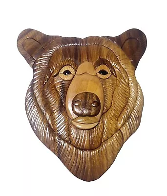 Intarsia Wooden Bear Head Wall Decor Hanging 3 D Brown Cabin Lodge Rustic • $31.99