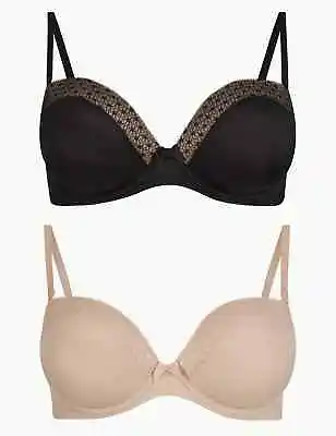 BNWT M&S 2 Pack Black Nude Underwired Multiway Push Up Plunge Bra 34A 34 A • £2.99