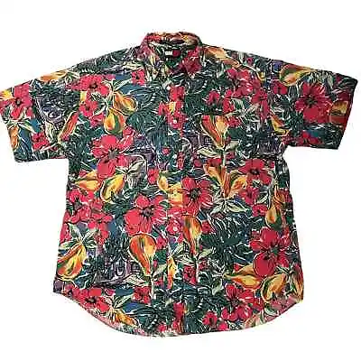 90s Vintage Tommy Hilfiger Size Mens Medium Cotton Colorful Hawaiian Camp Shirt • $25