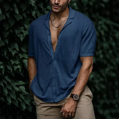$18.99 • Buy Men V-neck Short Sleeve Shirt Loose Summer Casual Beach Solid Color Blouse Tops