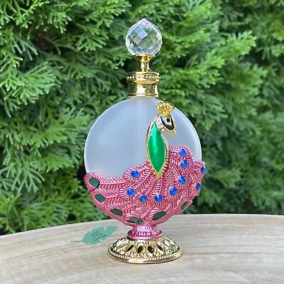 Peacock Feather Vintage-Style Metal Glass Oil Perfume Bottle 30mL Fandango Pink • $15.75