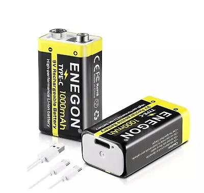 ENEGON 2 Pack 9V Rechargeable Li-Ion Batteries 1000Mah With 2-In-1 USB Charging • $29.98