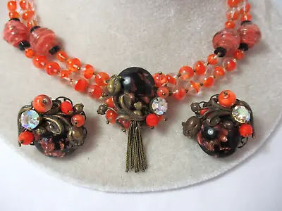 Lovely Czech Orange Givre Bead Vintage Rhinestone Necklace & Earrings Tulip • $155