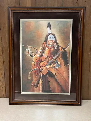 Vintage Native American Print Warrior Indian In Full Dress Southwestern • $129.99