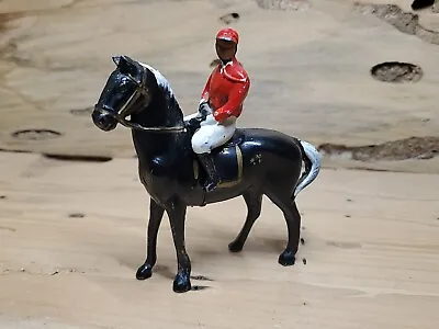 Vintage Lead Metal Black Horse With Jockey Red White Colors Made In Japan V486 • $18