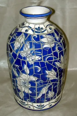 Mosaic Vase Cobalt Blue & White Hand-Set  10.6  H  Floral & Butterfly Motif • $27.95