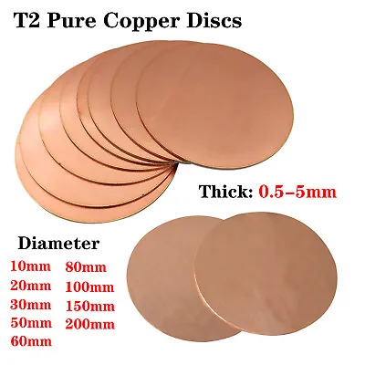 0.5-5mm Thick Solid Pure Copper Discs Blanks Round Plate Metal Sheet 10-200mm OD • £142.55