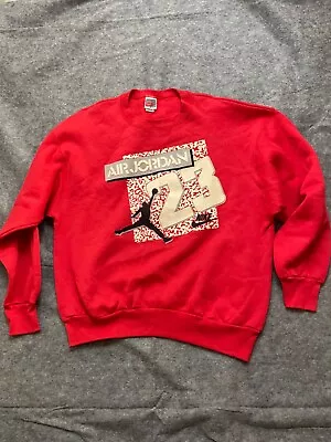 VINTAGE 90s NIKE AIR JORDAN JUMPMAN CREWNECK SWEATSHIRT RED CEMENT Sz L • $64.99