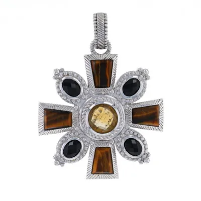 Judith Ripka Citrine Tiger's Eye Onyx Cross Enhancer Pendant Sterling 925 Faith • $179.99