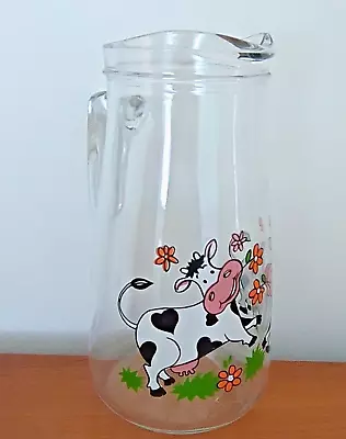 Vintage Retro Cow Flowers Design Large Glass Jug Pitcher 80s 90s • £15