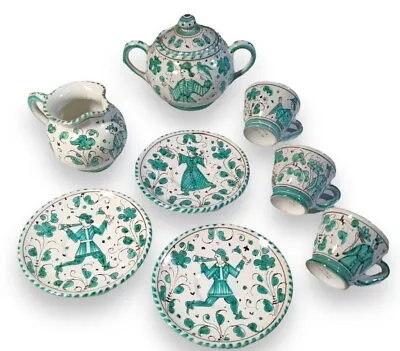 Orvieto Green Rooster Pottery Teapot Creamer Sugar Bowl Cups Saucers P.V. Italy • $89.64