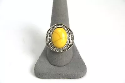 Huge Marbled Yellow Cabochon Ring Odd Symbols Simulated Diamond Halo (X10) • $20