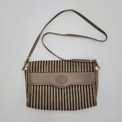 John Romain Taupe Fabric & Leather Vintage Striped Crossbody Bag • $25