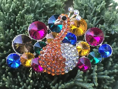 Large Vintage Peacock Parrot Bird Crystal Glass Rhinestone Pin Brooch Gold Tone • $11.69