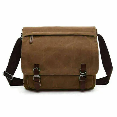 Men's Soft Vintage Canvas Leather School Military Shoulder Messenger Bag Satchel • £20.99