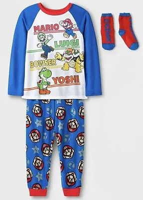 Super Mario Pajamas Size Small 6-6X Boys 3 Pcs Set +Socks LuigiYoshiBowser NWT • $23.99