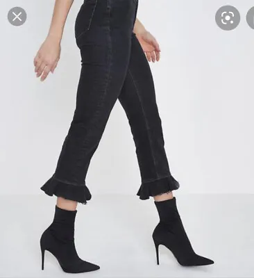£6.40 • Buy River Island Black Denim Cropped Bella Straight Leg Jeans Frill Hem UK 8 BNWOT!