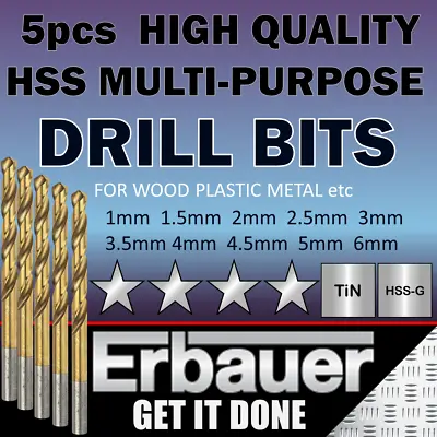 £4.19 • Buy Erbauer High Quality HSS DRILL BITS For Wood Plastic Metal // Value Pack Of 5 //