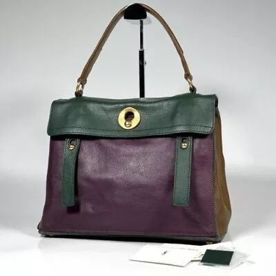 YVES SAINT LAURENT Muse TWO Purple Green Brown Leather Tote Bag Handbag AM363 • £332.50