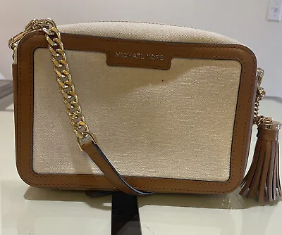 Michael Kors Fulton Beige Canvas Brown Leather Tasseled Gold Chain Crossbody Bag • $34.99