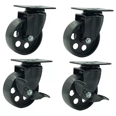 FactorDuty 4 All Metal Swivel Plate Caster Wheels W/Brake Lock 3.5  Combo Black • $42.52