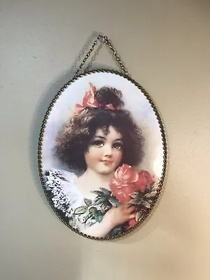 Vintage Victorian Girl W/ Flowers Oval Chimney Flue Cover & Metal Chain Border • $45