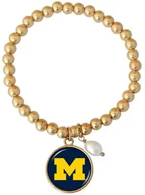 Michigan Wolverines Diana Gold And Pearl Stretch Bead Bracelet Jewelry Blue UM • $22.49