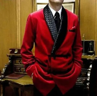 Vintage Red Smoking Men Jacket Black Shawl Lapel Suit Velvet Coat Outfit Custom  • $65.09