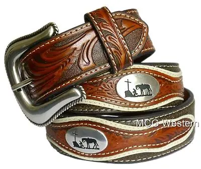 Nocona Western Mens Belt Leather Tooled Cowboy Prayer Concho Brown • $75