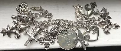 Vintage Charm Bracelet 925 /Sterling Mardi Gras Fleur De Lis Beetle Alligator + • $69.95