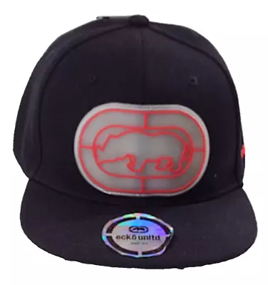 Ecko Unltd Silicon Logo Flat Bill Snapback Cap Hat Black • $22