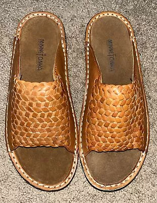 Minnetonka Woven Brown Leather Slide Sandals 5498 Womens Size 8 Boho Retro • $25.99