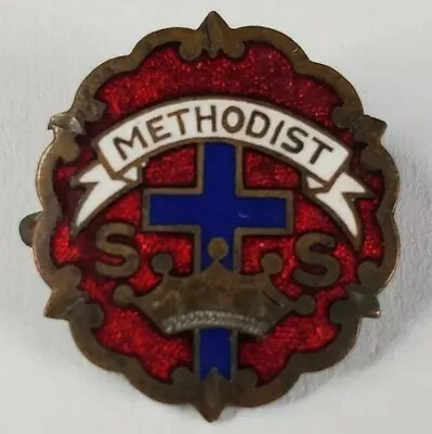 Methodist ~ Cross And Crown ~ Vintage Sunday School Enameled Bronze Tone Pin  • $9.99